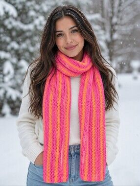 Handmade Cozy Pink & Orange Stripped Crocheted Scarf Unisex - New
